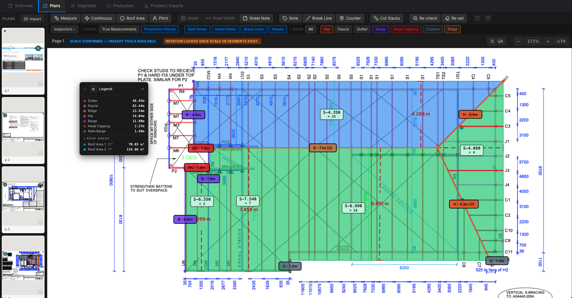 The RoofDatum Plans workspace: a page thumbnail list on the left, the measure, roof area, pitch, cut stacks and note tools across the top, and a truss layout plan on the canvas carrying two shaded roof areas with colour-coded runs labelled with their lengths