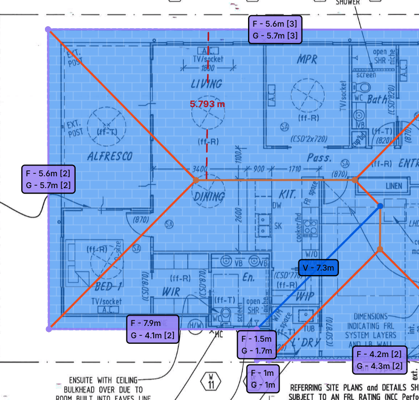 A tile-roofing plan in RoofDatum: the roof area shaded and edged with colour-coded runs, each labelled with its fascia and gutter lengths, and a 5.793 m dimension marked across the plan